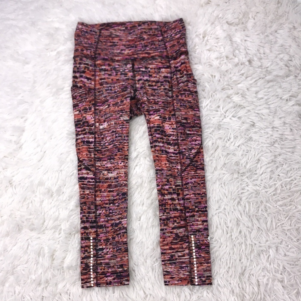 Lululemon Fast and Free Crop II 19" *Nulux Flash Pleat Orange Multi